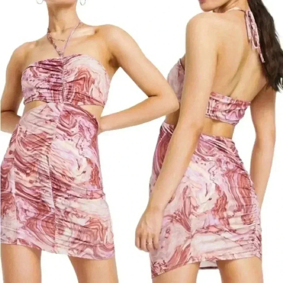 ASOS DESIGN Marble Print Halter Ruched Cutout Stretch Mini Dress - Picture 1 of 6